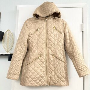 Via Spiga Gold/ Beige Quilted Hooded Puffer with Gold Zippers Jacket Size M